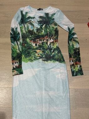 long sleeve fitted mesh maxi dress with palm trees design